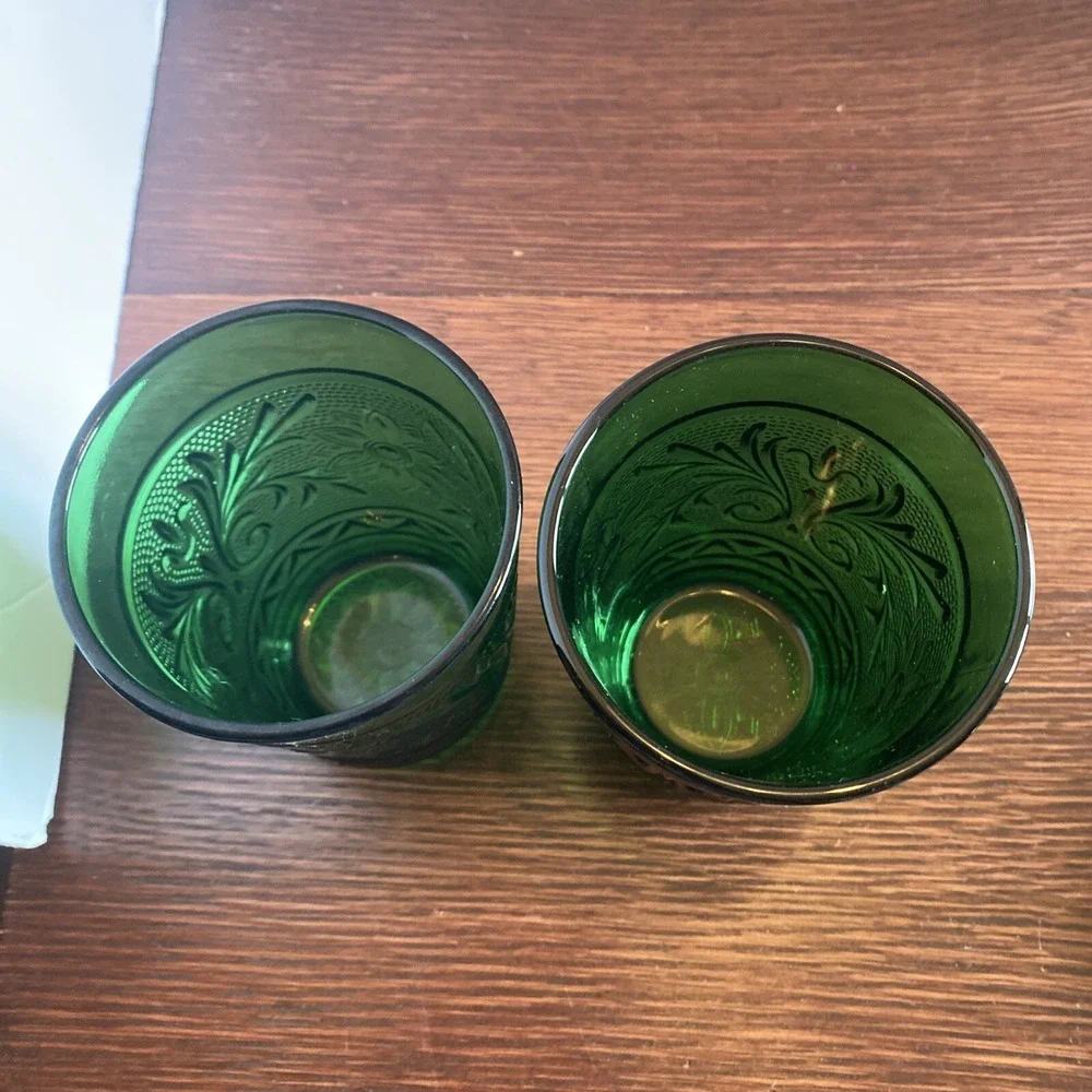 Set of 2‎ Vintage Anchor Hocking Forest Green Sandwich Juice 9 oz Glasses